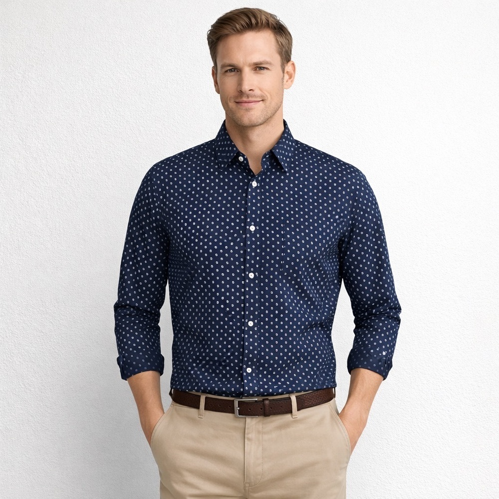 Mango Man Smart Slim Fit Navy Polka Dot Shirt Men’s Small Button Down Preppy